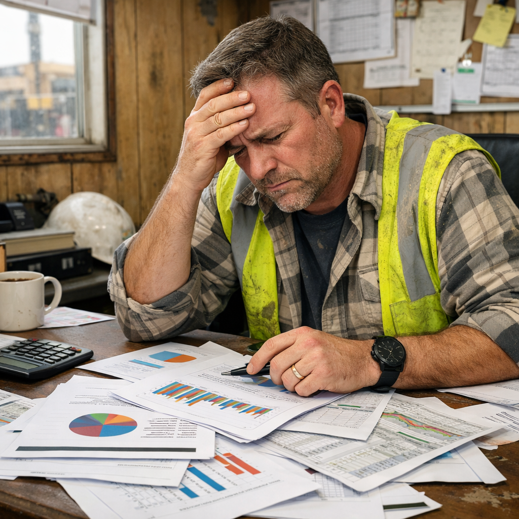 Frustrated heavy civil CEO looking at financial reports