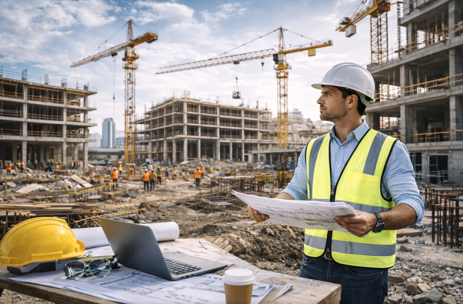 Construction company owner reviewing financial reports at job site office
